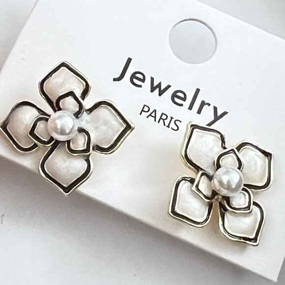 925 Enamel Camellia Earrings Paris style Womens Jewelry White Black - Picture 4 of 11